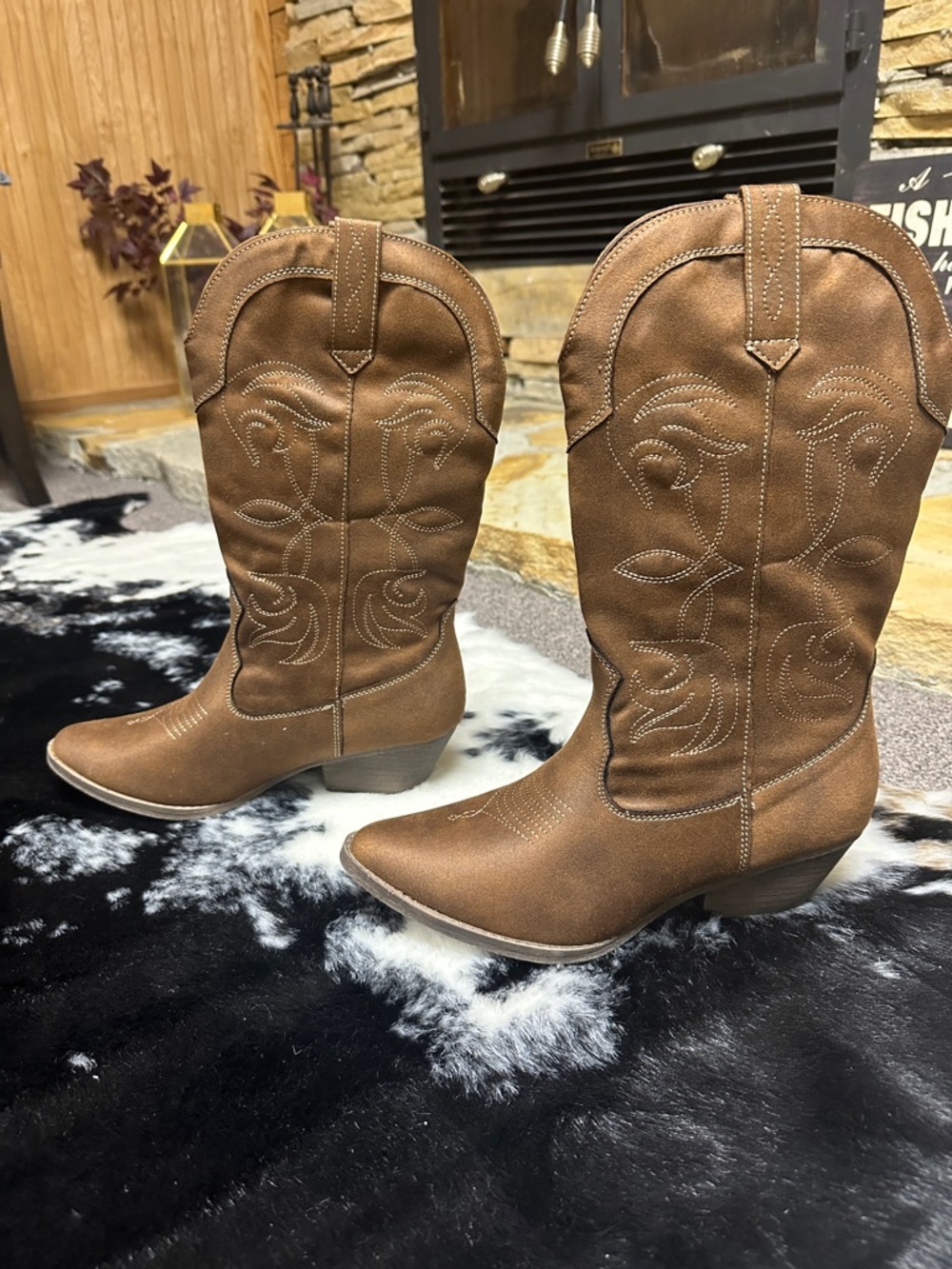 Rampage Brown Western Embroidered Mid-Calf Heeled Boots
